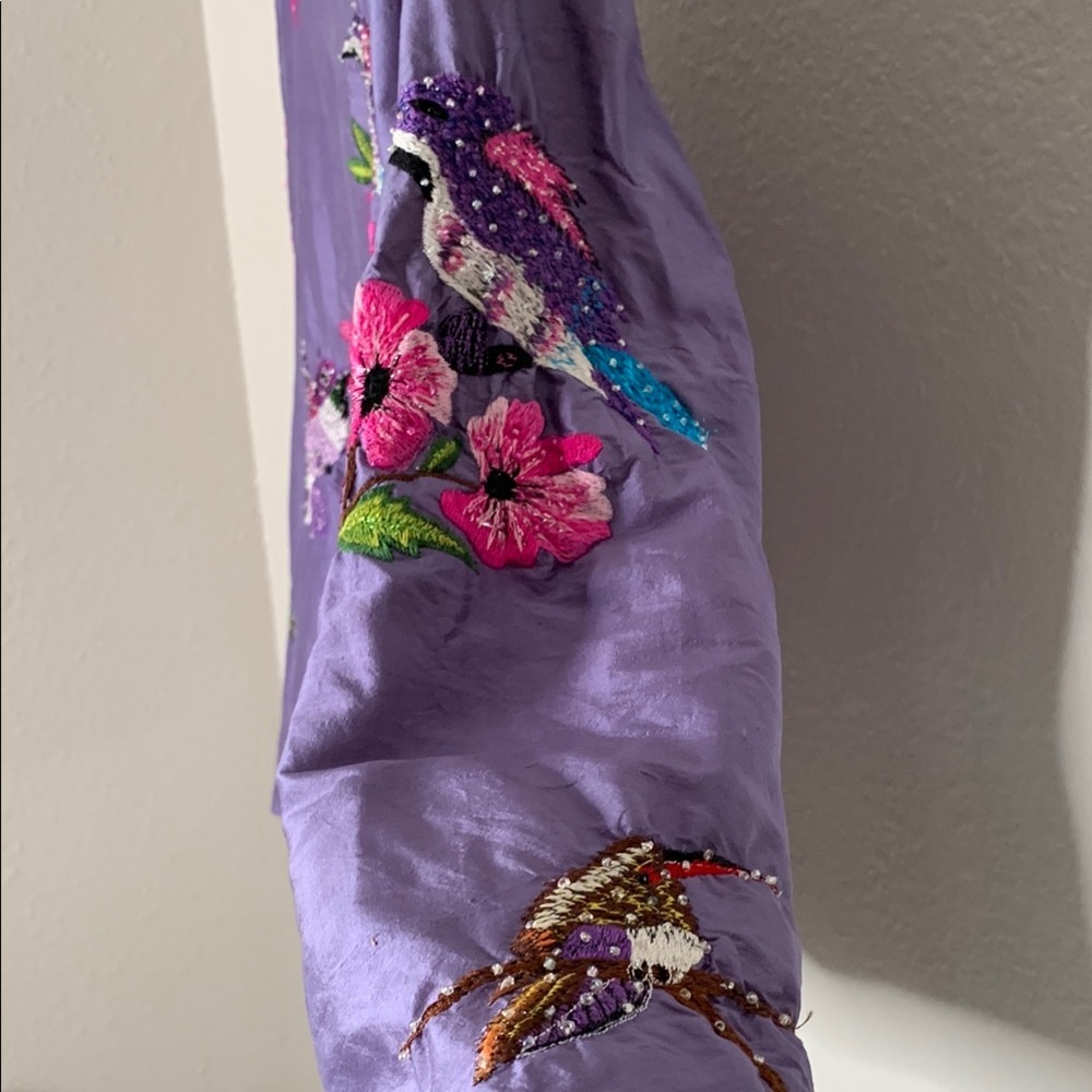 Vintage Anage Silk Purple Embroidered Hummingbird Fully Lined Bird Jacket Size M - Picture 4 of 9